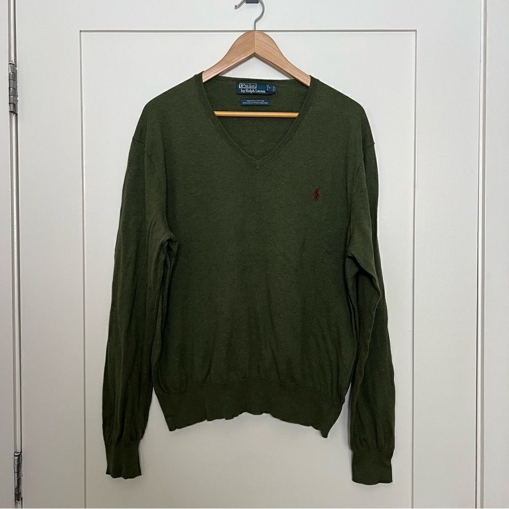 Polo Ralph Lauren Sweater Mens Sz L Green V Neck 100% Pima Cotton Preppy Office